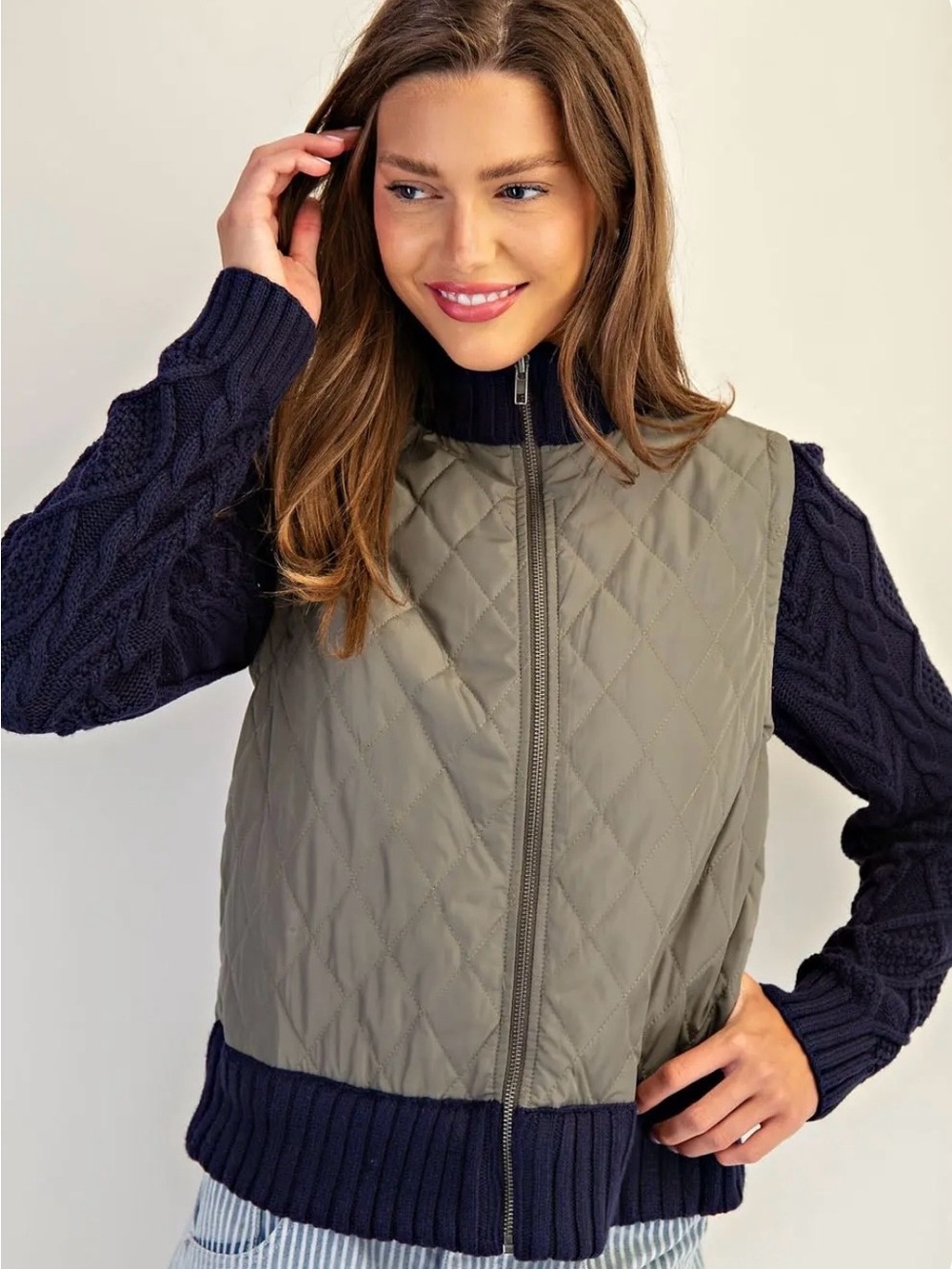 Quilted Olive Bomber Jacket with Navy Knit sleeve and trim